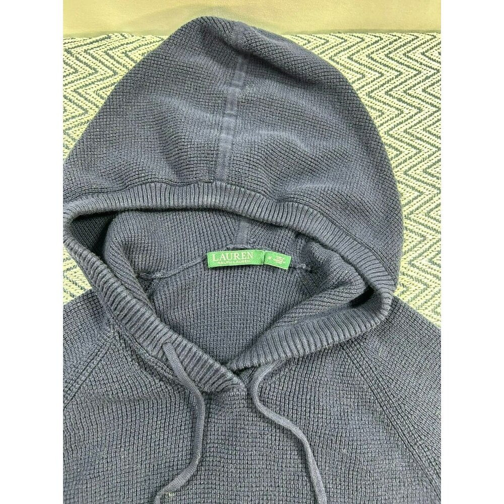 Lauren Ralph Lauren Gray Waffle-Knit Cotton Hoodie Gold-Tipped Drawstrings & Log - Picture 6 of 6